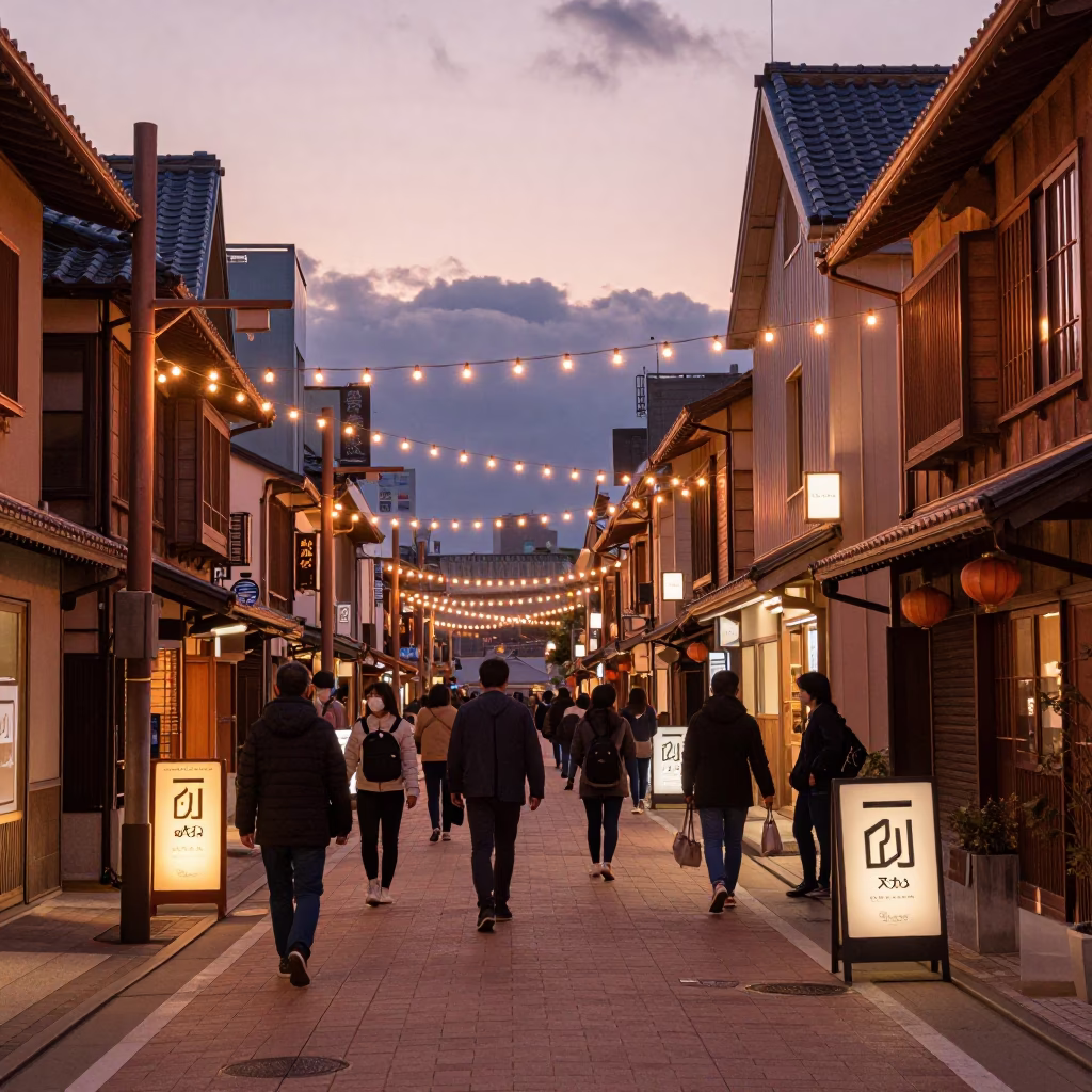 Sapporo Japan Street Scene Before Dusk With String Lights And Local Life in in Sapporo, Japan