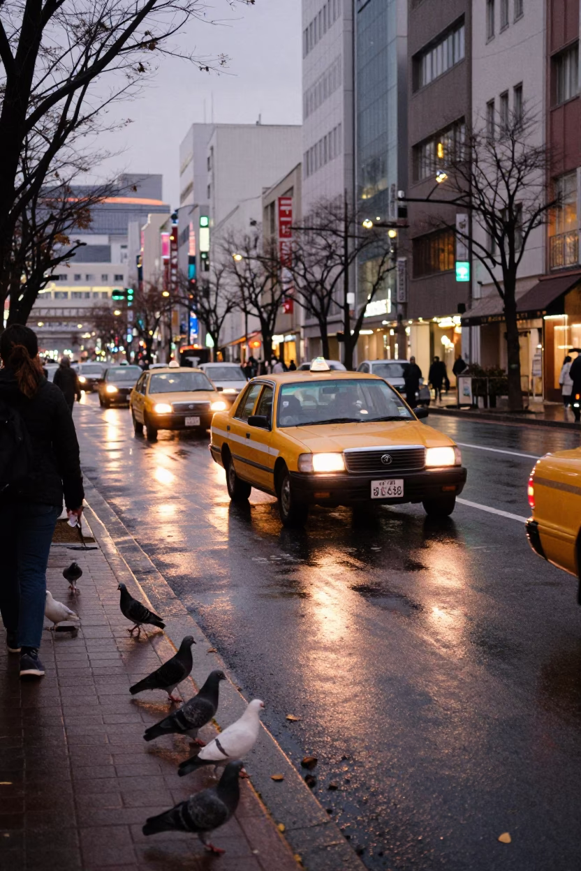 Sapporo Japan street scene before dusk with yellow taxi and pigeons in copper light in in Sapporo, Japan