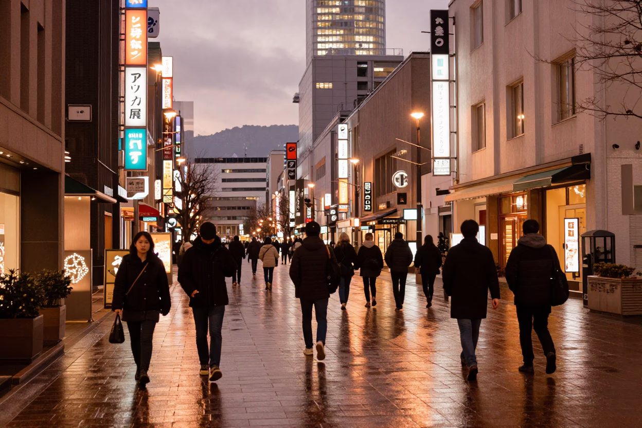 Sapporo Japan Street Scene Copper Dusk Light Pedestrians and Local Commerce in in Sapporo, Japan