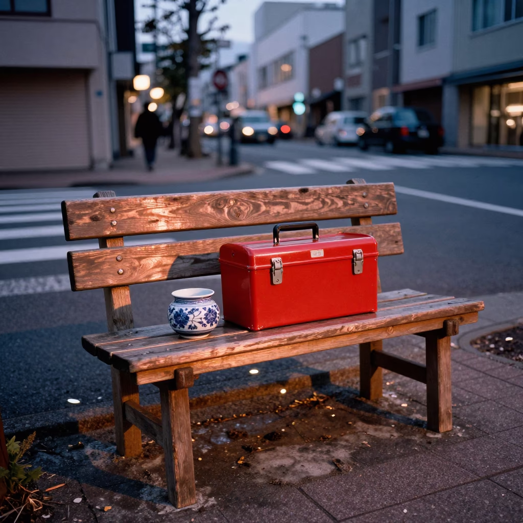 Sapporo Japan street scene copper dusk light toolbox and ceramic pitcher on wooden bench in in Sapporo, Japan