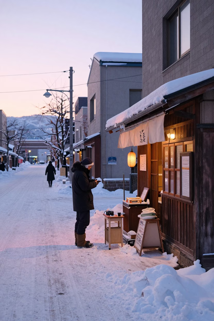 Sapporo Japan Street Scene Early Morning Snow and Vintage Camera Equipment in in Sapporo, Japan