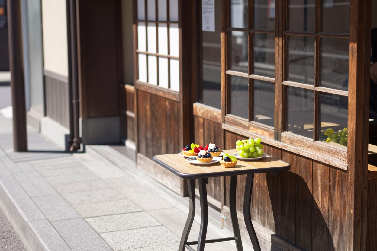 Sapporo Japan street scene with fruit tarts and grapes in bright midmorning light in in Sapporo, Japan