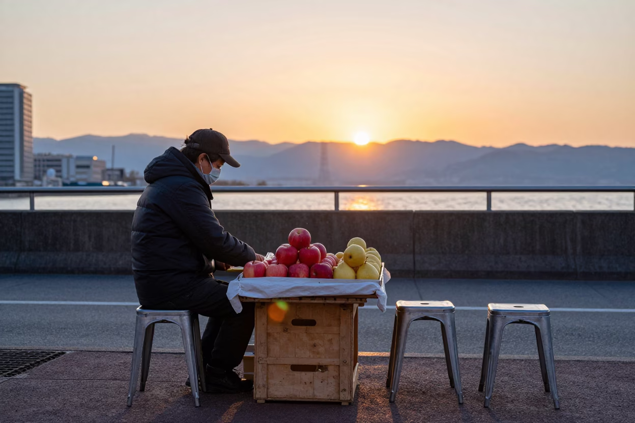 Sapporo Japan street scene with fruit vendor and metal stools at sunset in in Sapporo, Japan