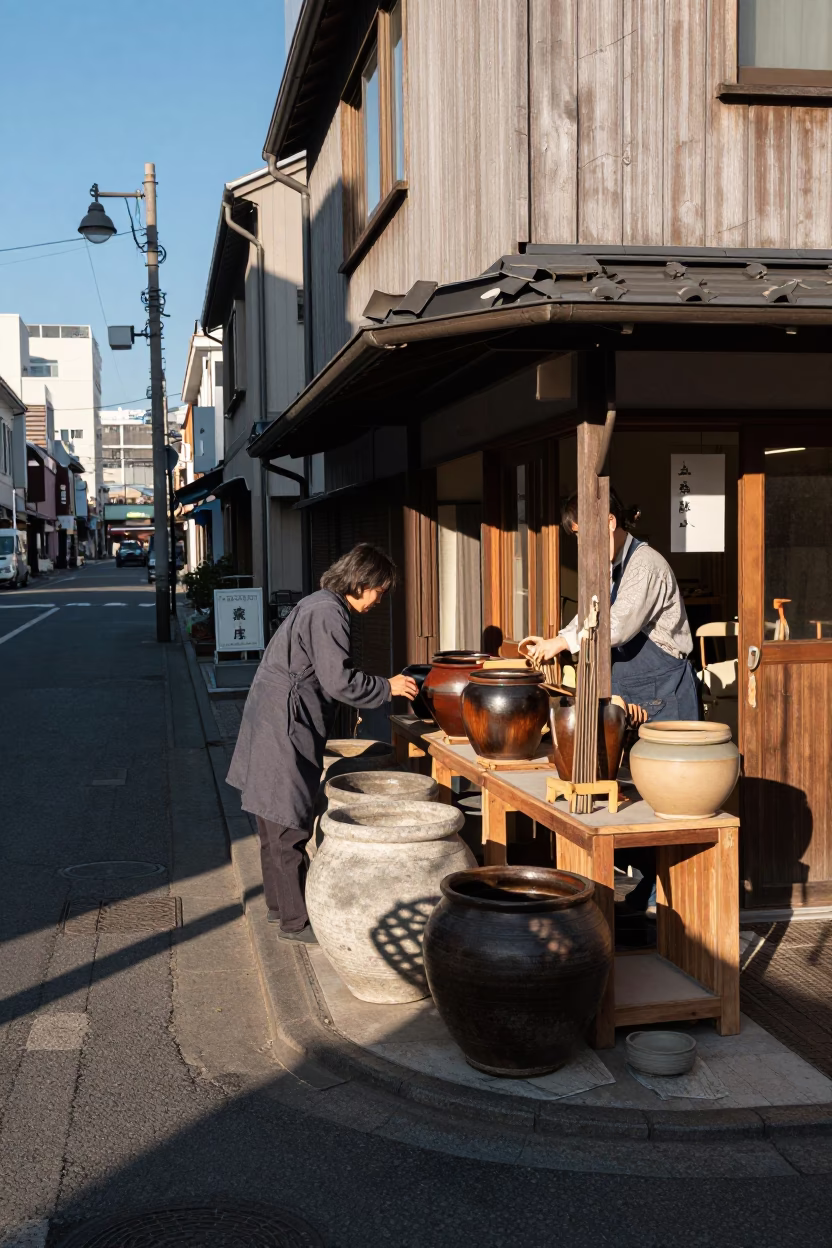 Sapporo Japan street scene with stoneware crocks and wicker shadow in late afternoon light in in Sapporo, Japan