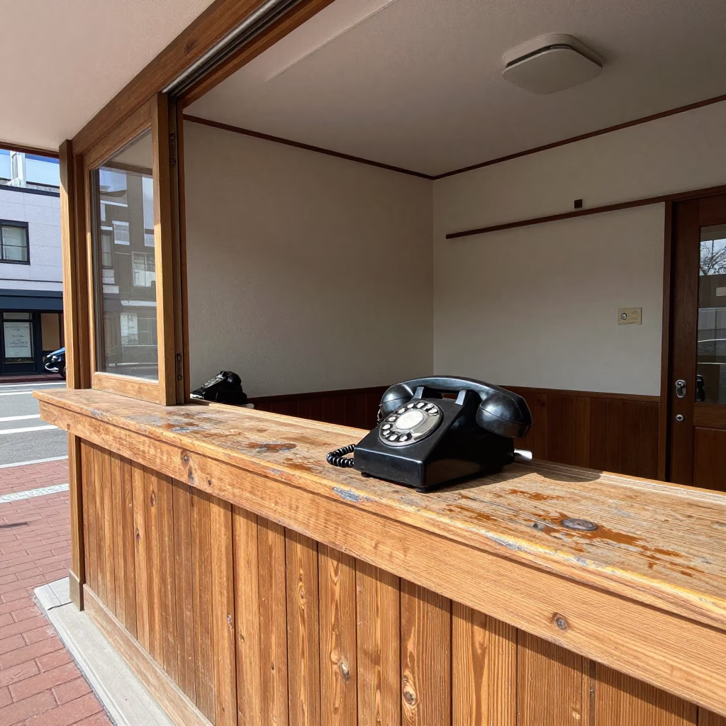 Sapporo Japan Street Scene with Vintage Bakelite Telephone on Hotel Reception Desk at Noon in in Sapporo, Japan