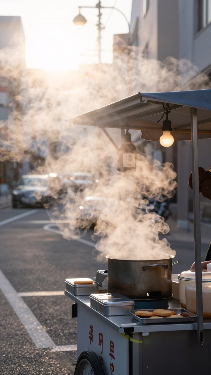 Sapporo Japan Sunrise Street Scene with Steam Haze and Biscuit Tin in in Sapporo, Japan