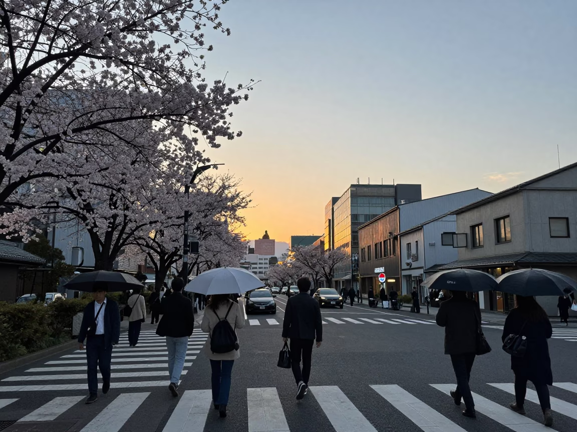 Sapporo Japan Sunset Street Scene with Cherry Blossoms and Local Life in in Sapporo, Japan