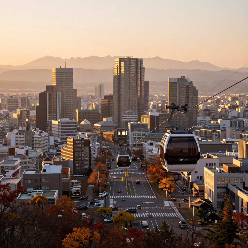 Sapporo Japan Sunset Street Scene with Gondola Lift and Autumn Mist at Asahiyama in in Sapporo, Japan