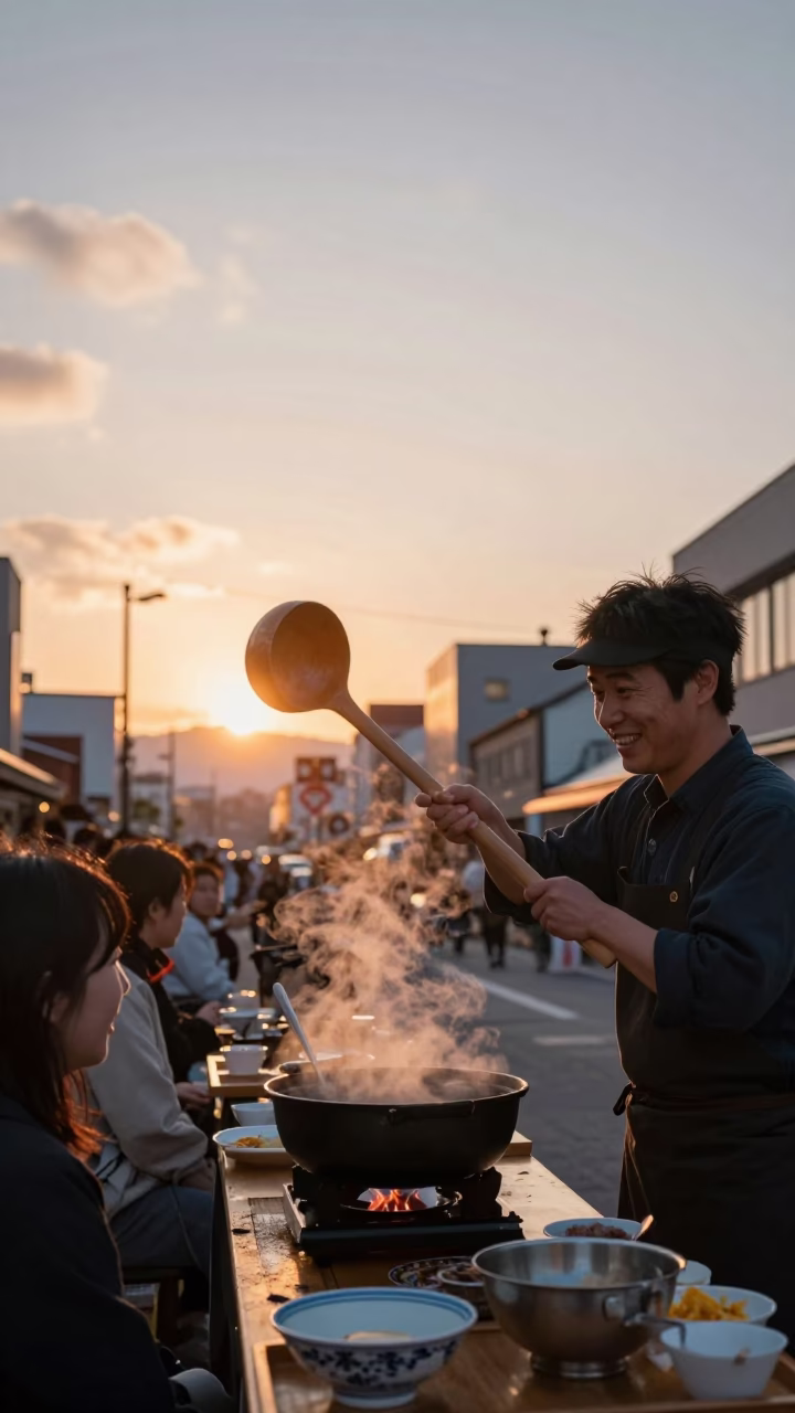 Sapporo Japan Sunset Street Scene with Ladle and Wicker Shadow in in Sapporo, Japan