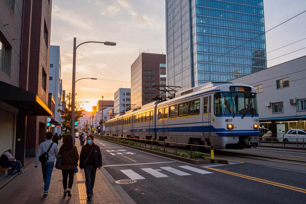 Sapporo Japan Sunset Street Scene with Monorail Gondola and Local Pedestrians in in Sapporo, Japan