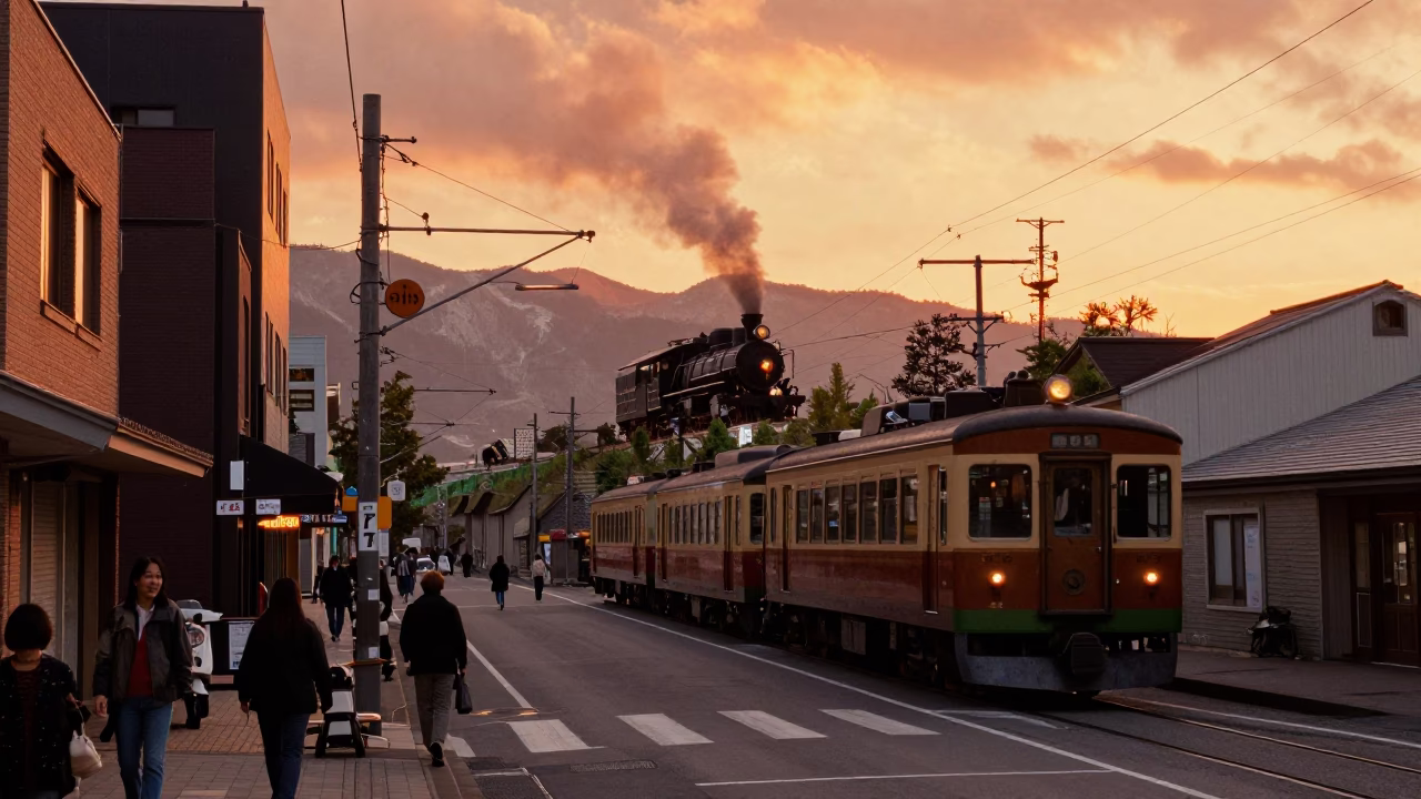 Sapporo Japan Sunset Street Scene with Narrow Gauge Train and Traditional Food in in Sapporo, Japan