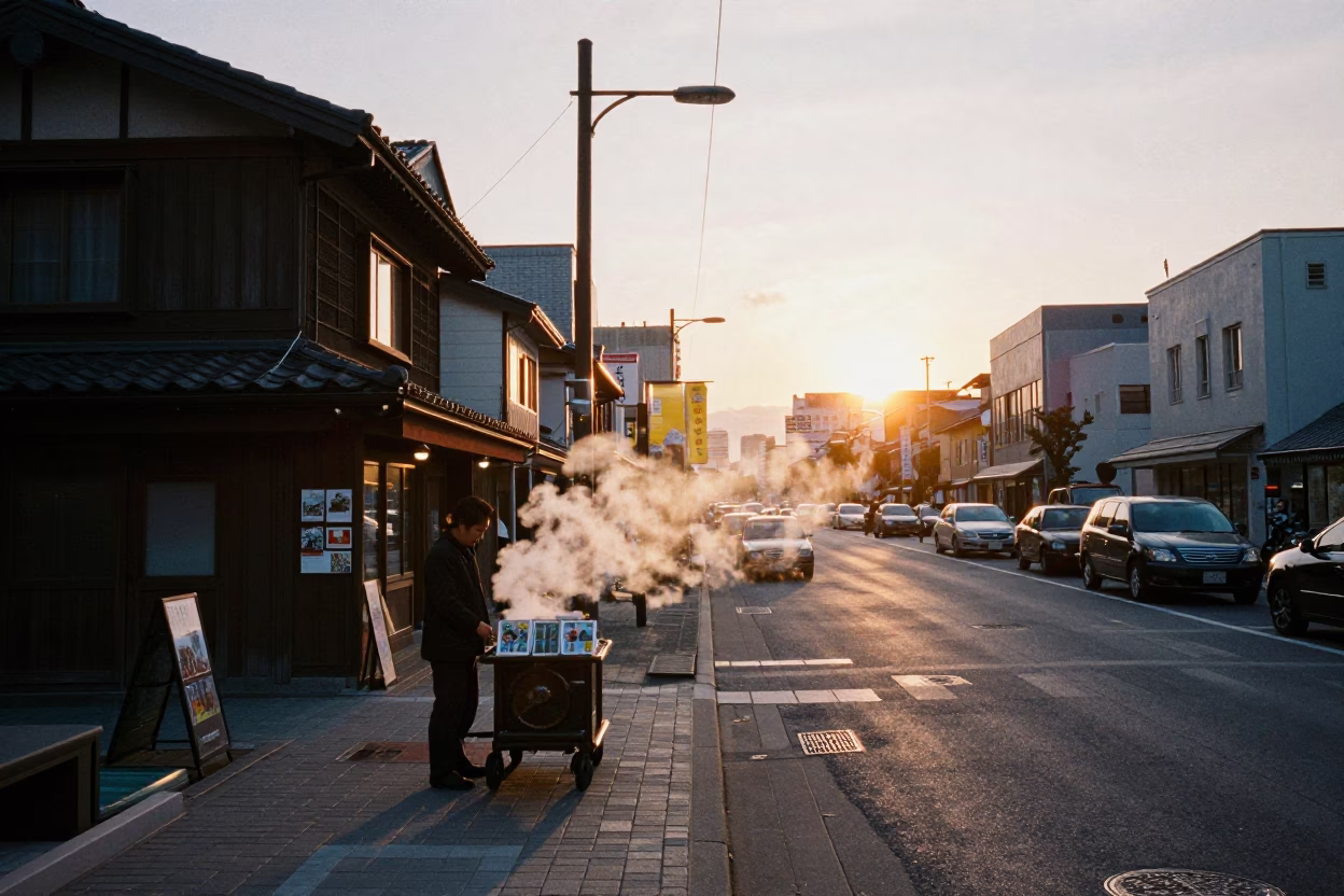 Sapporo Japan Sunset Street Scene with Postcards and Steam Haze in in Sapporo, Japan