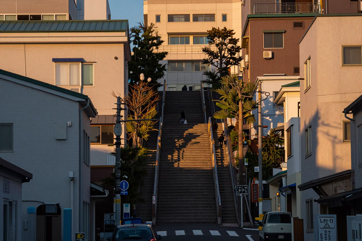 Sapporo Japan Sunset Street Scene with School Staircase and Local Life in in Sapporo, Japan