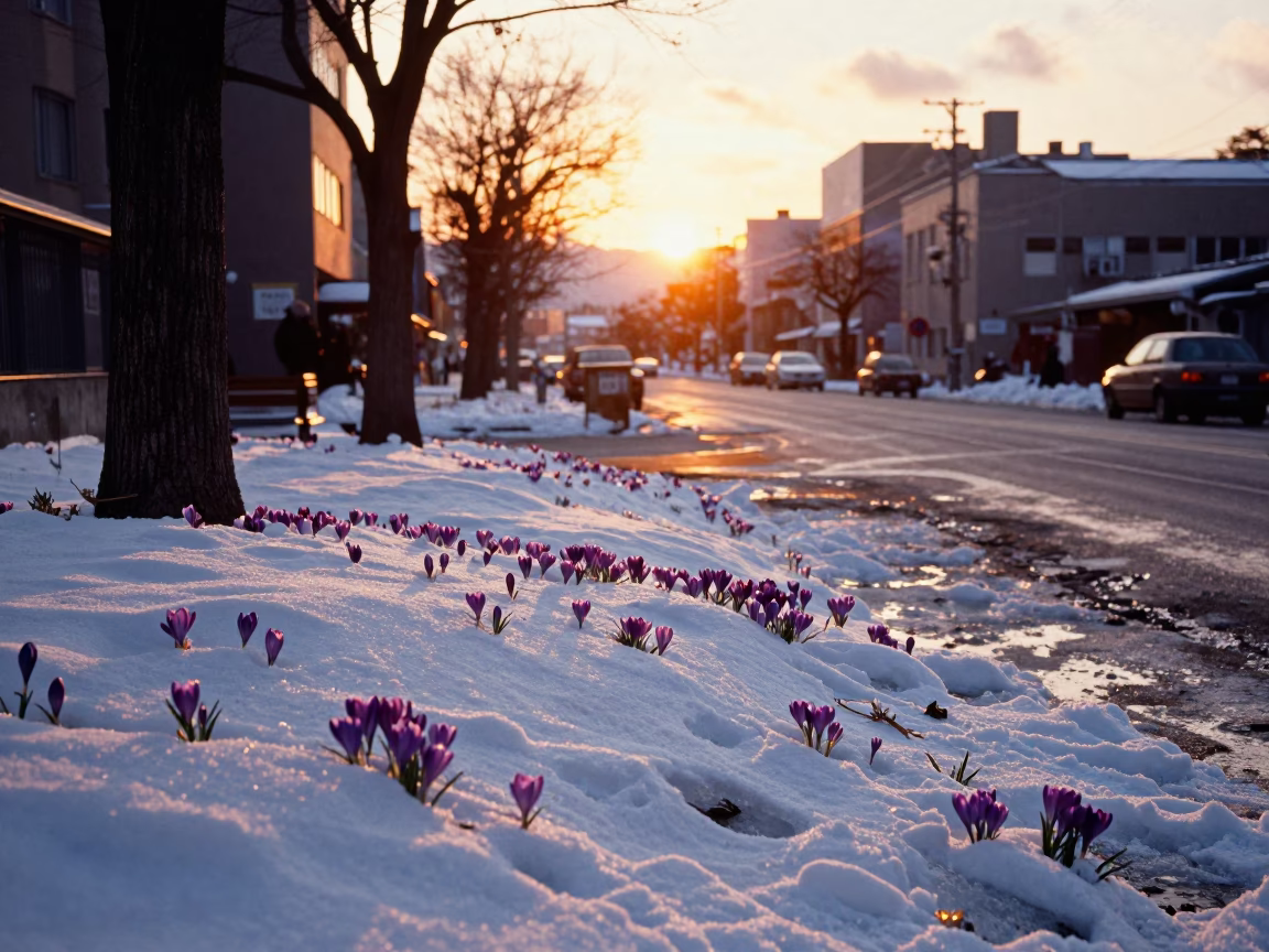 Sapporo Japan Sunset Street Scene with Snow and Crocuses in in Sapporo, Japan