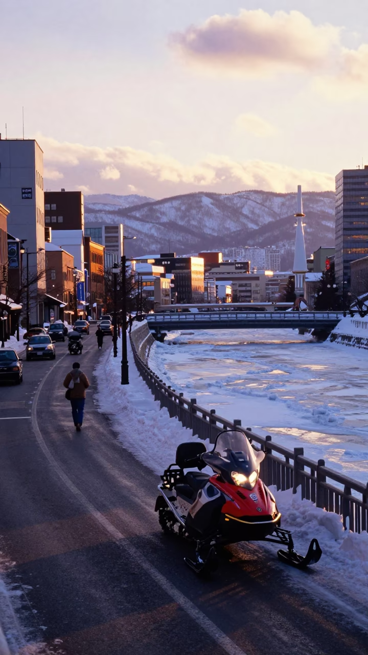 Sapporo Japan Sunset Street Scene with Snowmobile and Frozen River Overlook in in Sapporo, Japan