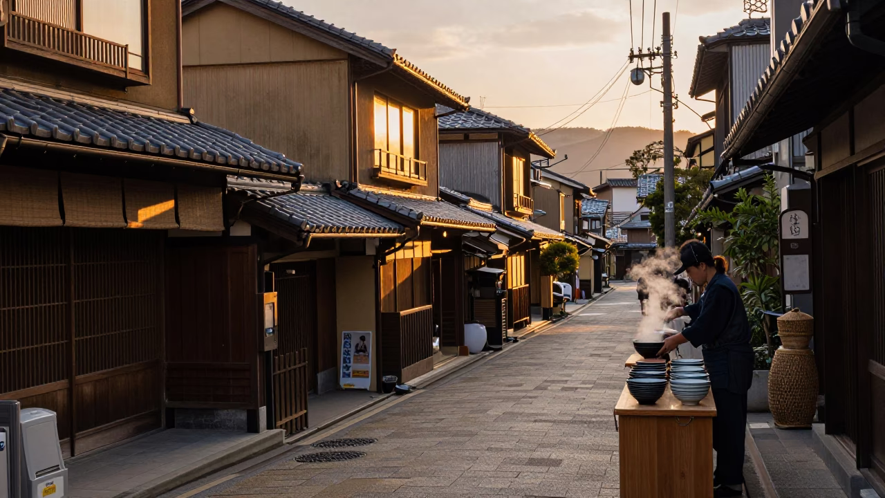Sapporo Japan Sunset Street Scene with Soup Bowls and Rattan Chair in in Sapporo, Japan