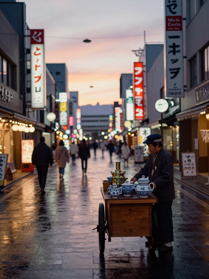 Sapporo Japan Sunset Street Scene with Traditional Porcelain and Brass Details in in Sapporo, Japan