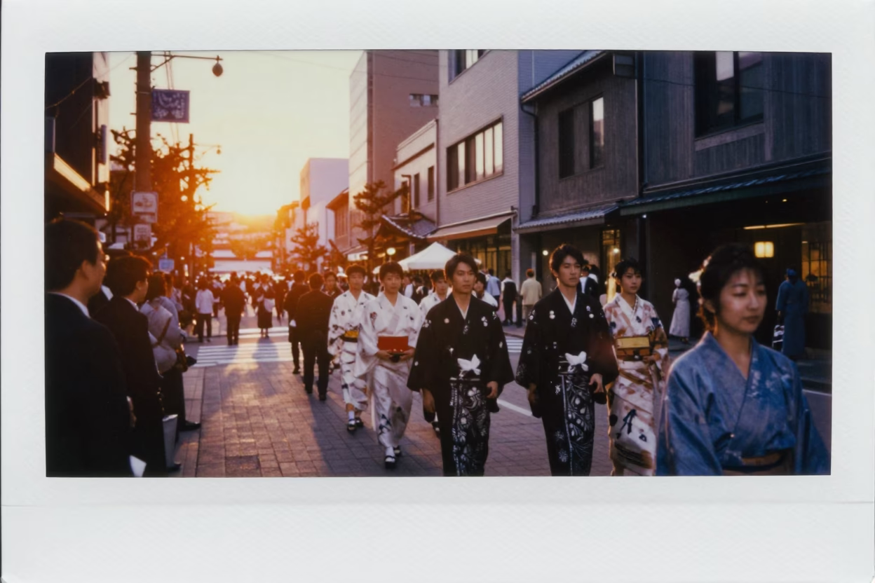 Sapporo Japan Sunset Street Scene with Traditional Wedding Procession and Urban Architecture in in Sapporo, Japan