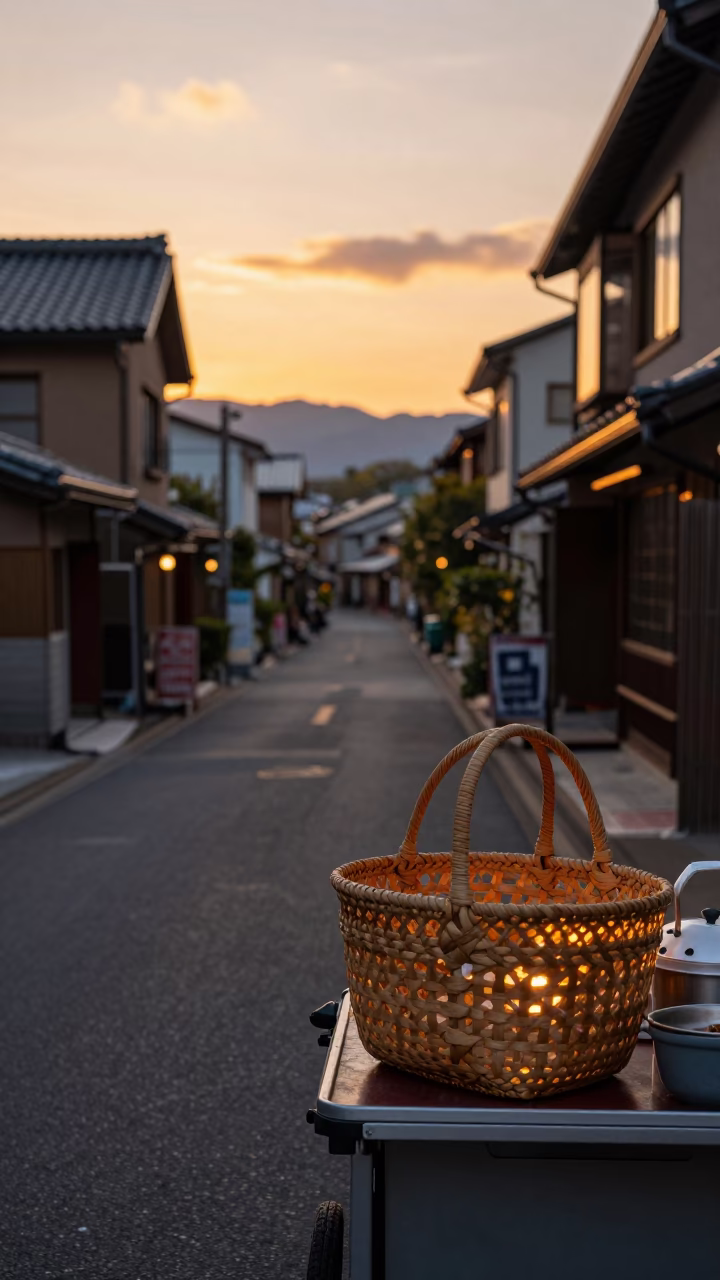 Sapporo Japan Sunset Street Scene with Woven Basket and Local Vendor in in Sapporo, Japan