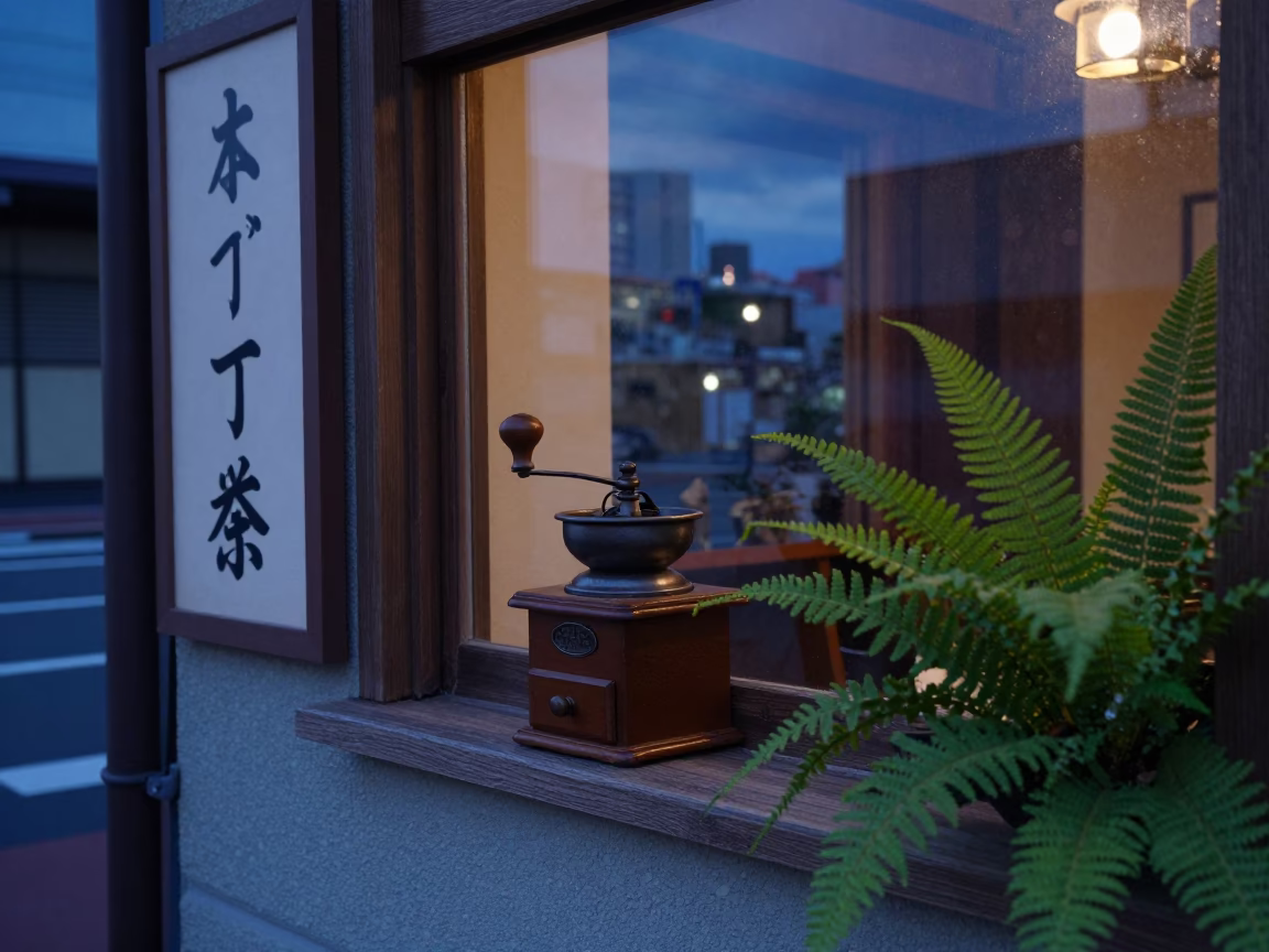 Sapporo Japan Twilight Street Scene with Coffee Grinder and Ferns in in Sapporo, Japan