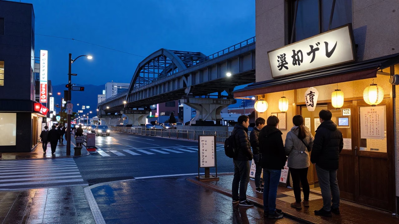 Sapporo Japan Twilight Street Scene with Glass Tumblers and Viaduct Arch Undercroft in in Sapporo, Japan
