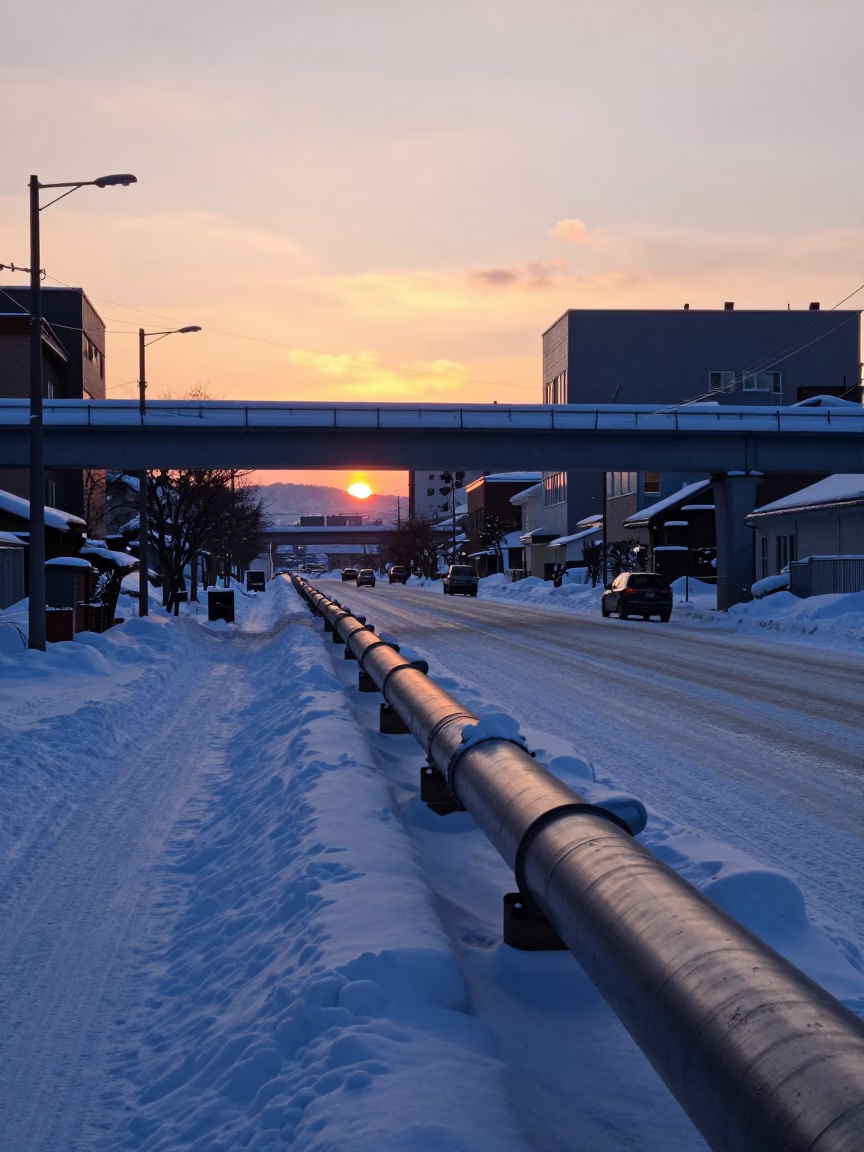 Sapporo Japan Winter Evening District Heating Corridor and Snowy Street Life in in Sapporo, Japan