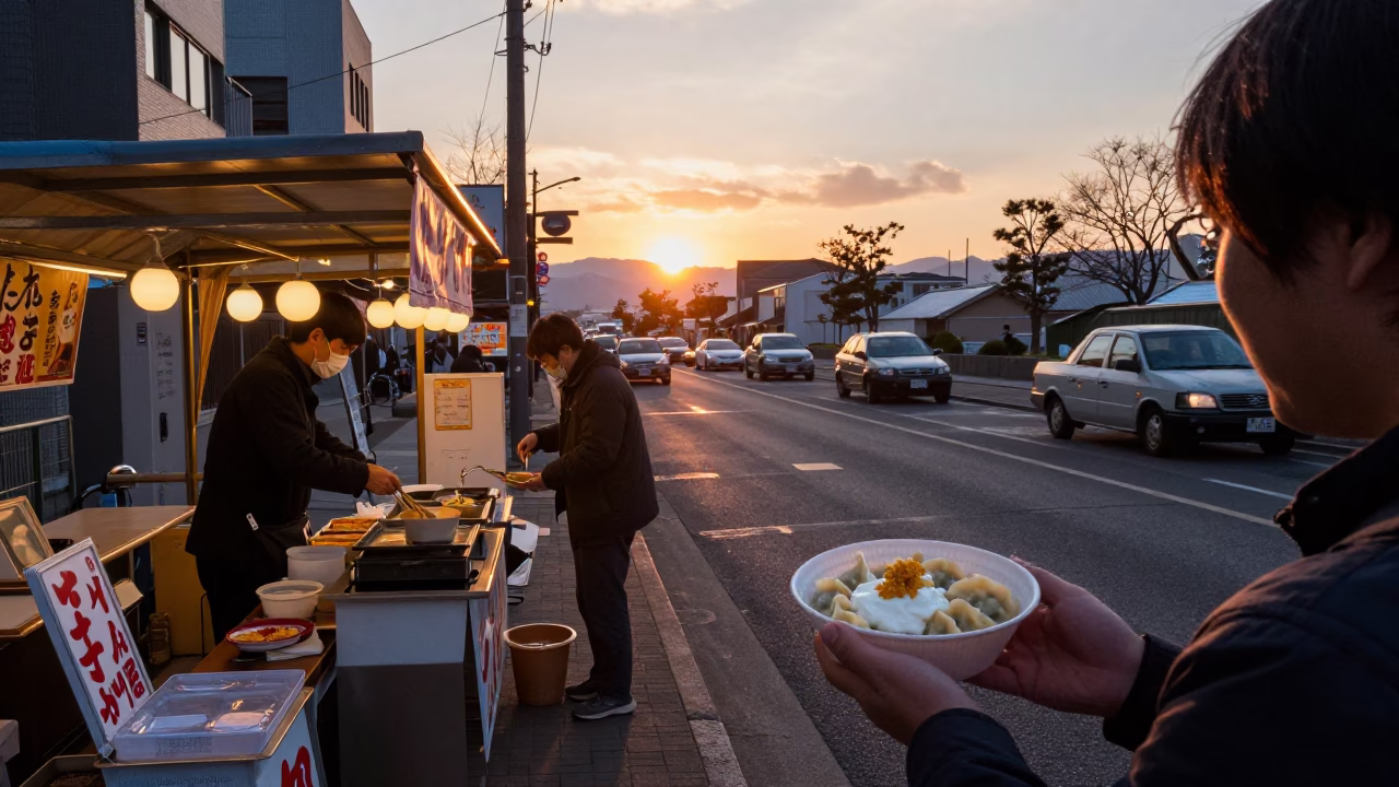 Sapporo Japanese Sunset Street Scene with Food Stall and Pedestrians in in Sapporo, Japan