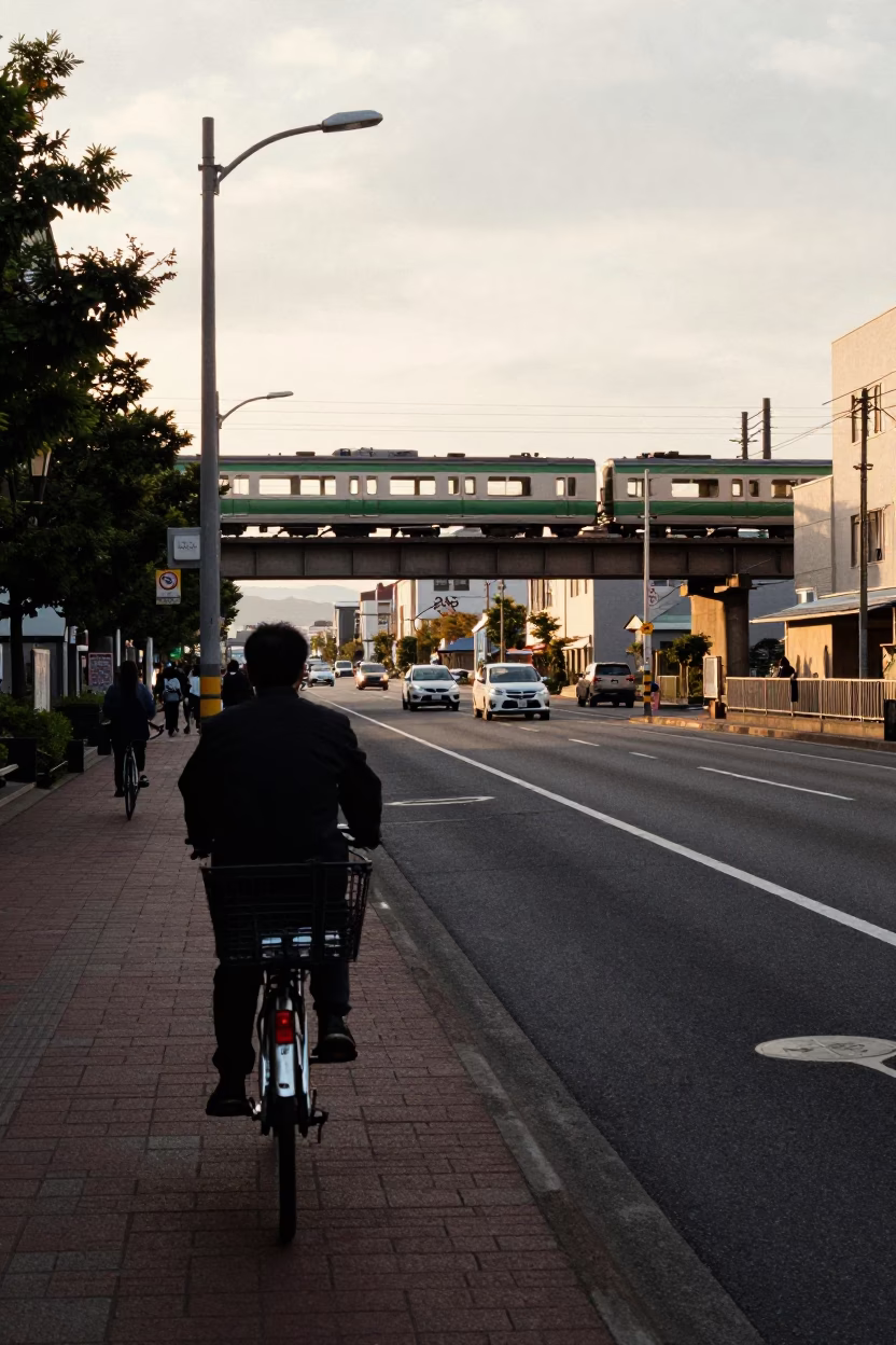 Sapporo Late Afternoon Street Scene with Bicycle Basket and Freight Train in Background in in Sapporo, Japan