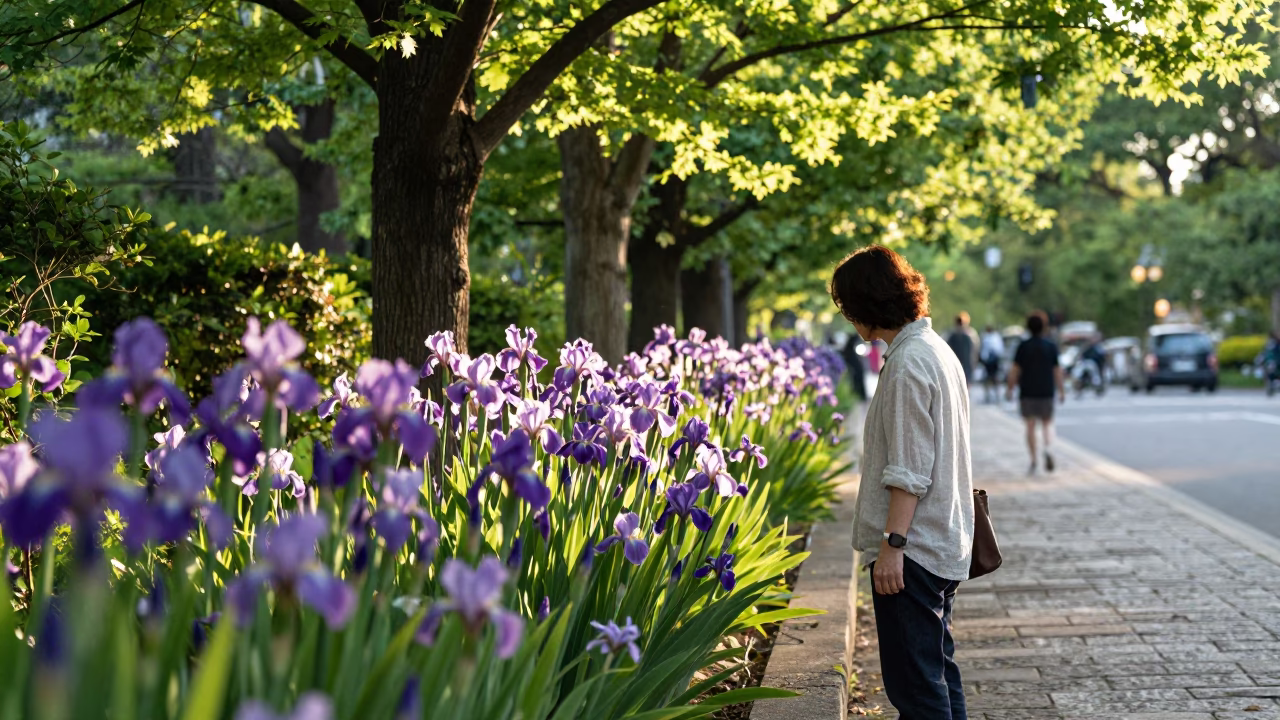 Sapporo Late Afternoon Street Scene with Iris Blossoms and Local Market Activity in in Sapporo, Japan