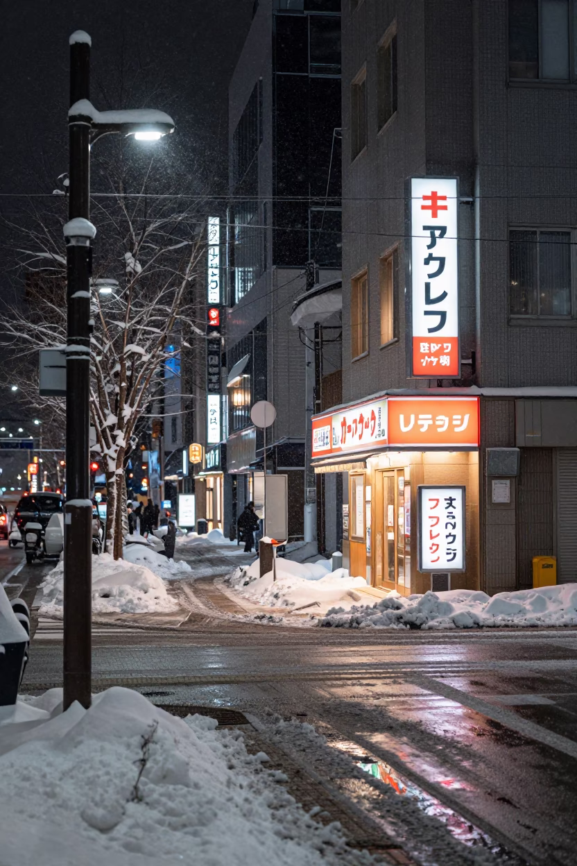 Sapporo Late Night Street Scene with Snow and Urban Lights in in Sapporo, Japan