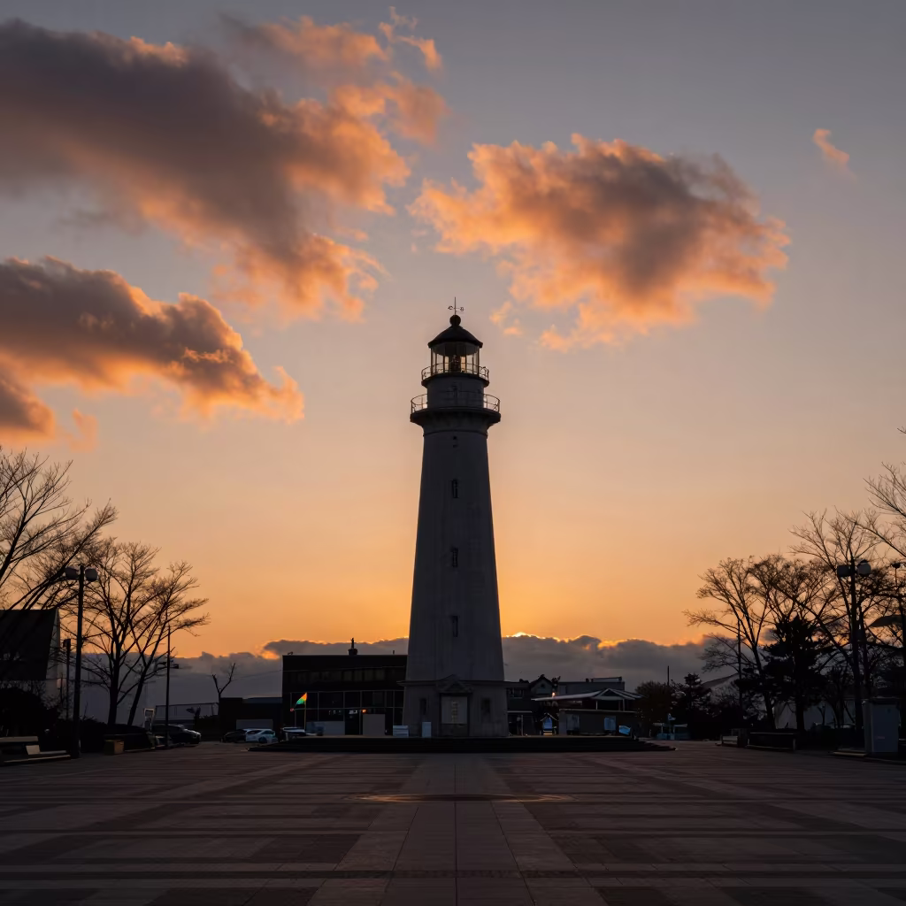Sapporo Lighthouse Silhouette at Sunset in across a formal civic plaza in Sapporo