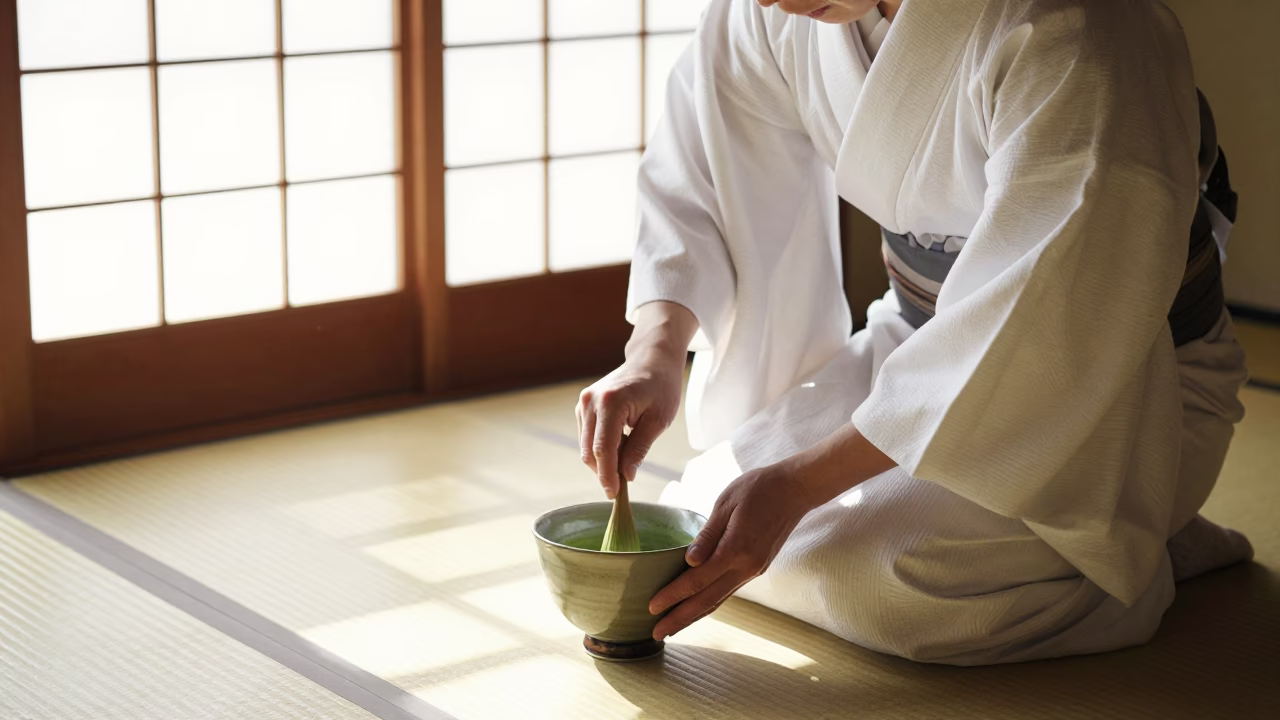 Sapporo Matcha Tea Ceremony in Traditional Chashitsu During Bright Midmorning Light in in Sapporo, Japan