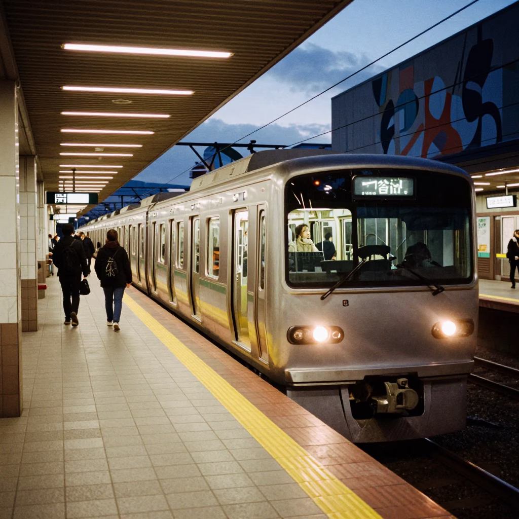 Sapporo Metro Train Arriving at Art Adorned Station in Copper Dusk Light in in Sapporo, Japan