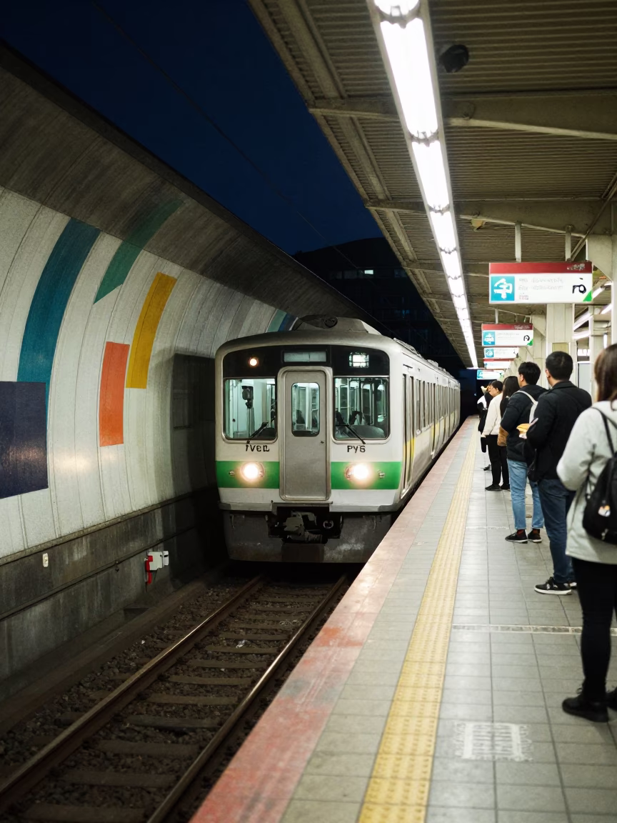 Sapporo Midnight Metro Train Arriving at Art Adorned Station Platform with Commuters in in Sapporo, Japan
