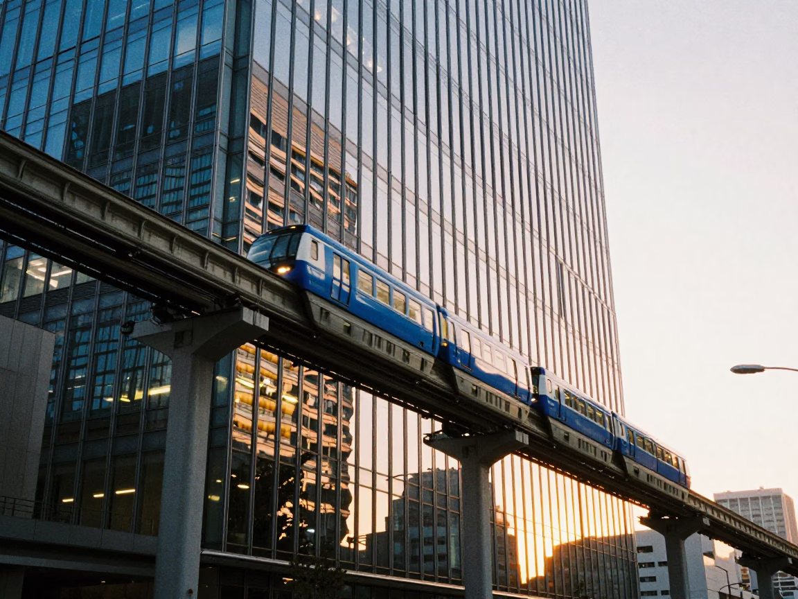 Sapporo Monorail Reflection in Glass Skyscraper During Honeyed Evening Light in in Sapporo, Japan
