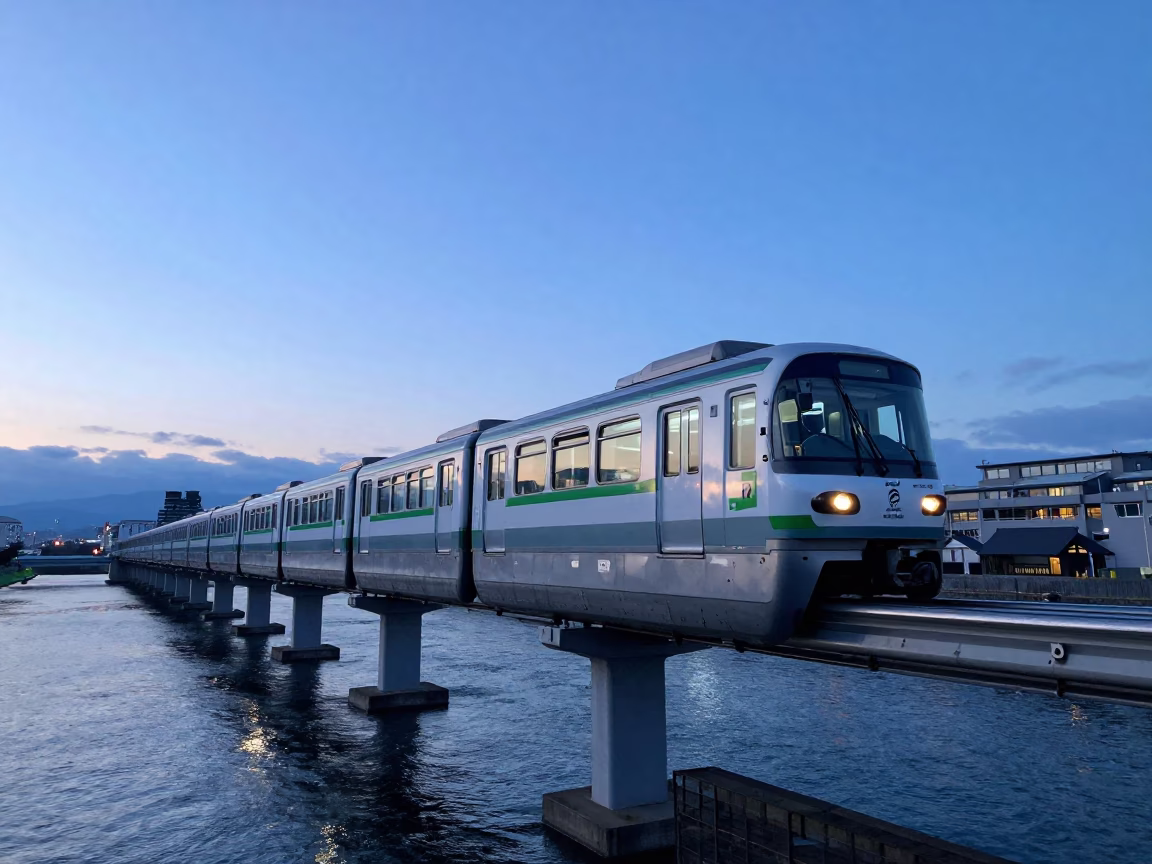Sapporo Monorail Sweeping Above River at Blue Hour Early Morning Japan in in Sapporo, Japan