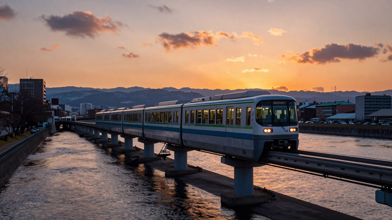Sapporo Monorail Sweeping Over River at Sunset with Tea Tin on Table in in Sapporo, Japan