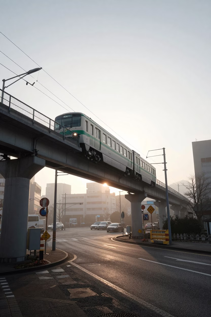 Sapporo Morning Light Illuminates Monorail and Street Scene with Local Life in in Sapporo, Japan