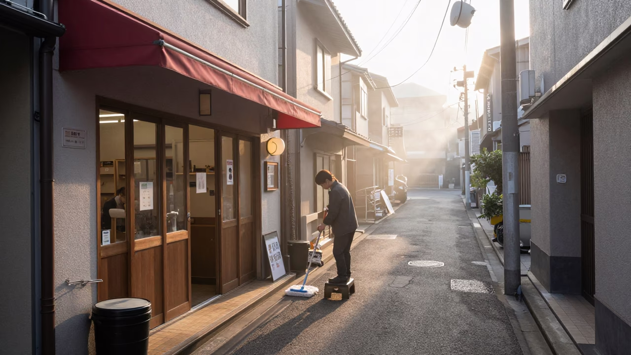 Sapporo Morning Routine with Glossy Enamel Surfaces and Mops in in Sapporo, Japan
