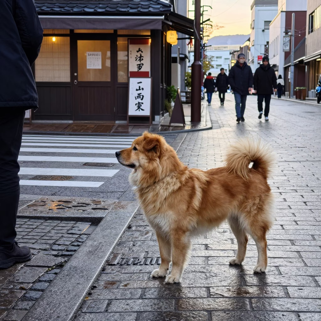Sapporo Morning Street Scene with Berger Picard Dog and Local Shop Details in in Sapporo, Japan
