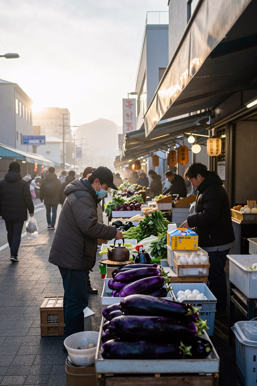 Sapporo Morning Street Scene with Kettle and Eggplants After Sunrise in in Sapporo, Japan