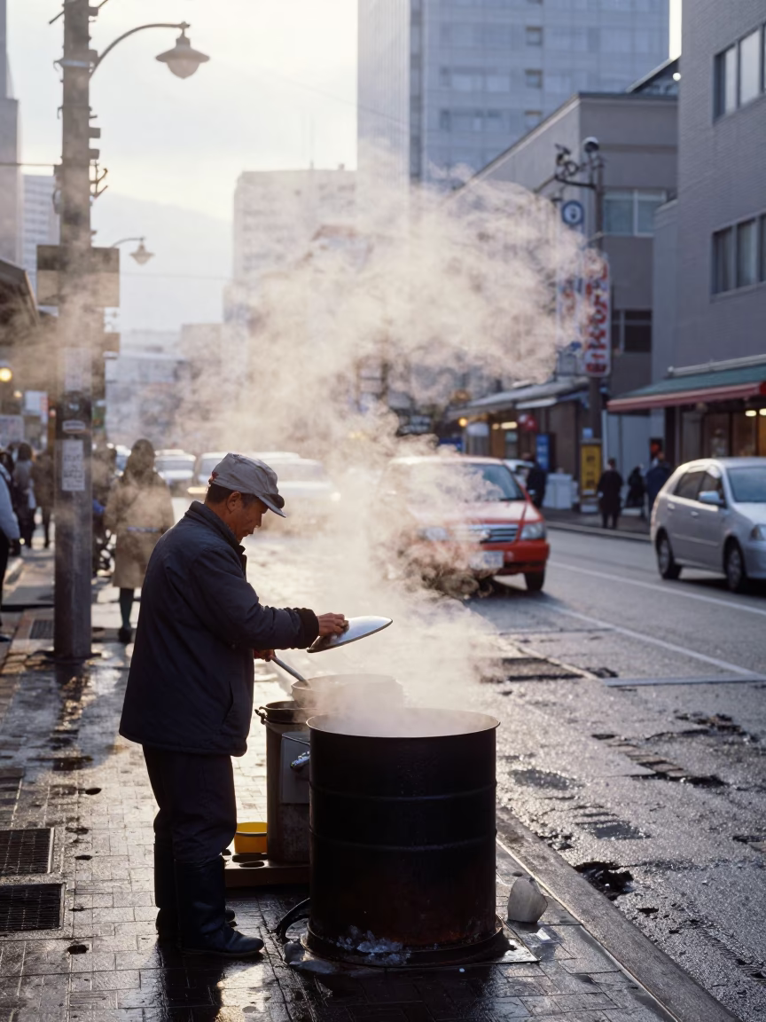 Sapporo Morning Street Scene with Steam and Urban Details at Sunrise in in Sapporo, Japan