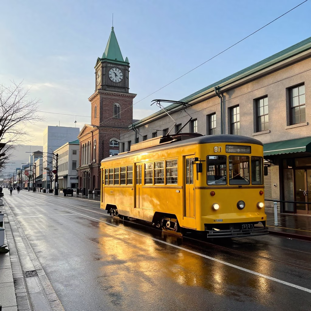 Sapporo Morning Tram Passes Historic Facades Near Sapporo Clock Tower in in Sapporo, Japan