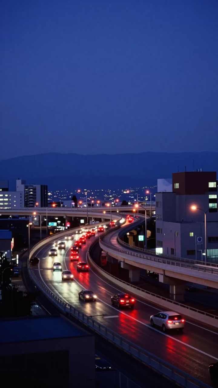 Sapporo Nautical Dawn Overpass Interchange Glowing With Red Taillights After Rain in in Sapporo, Japan
