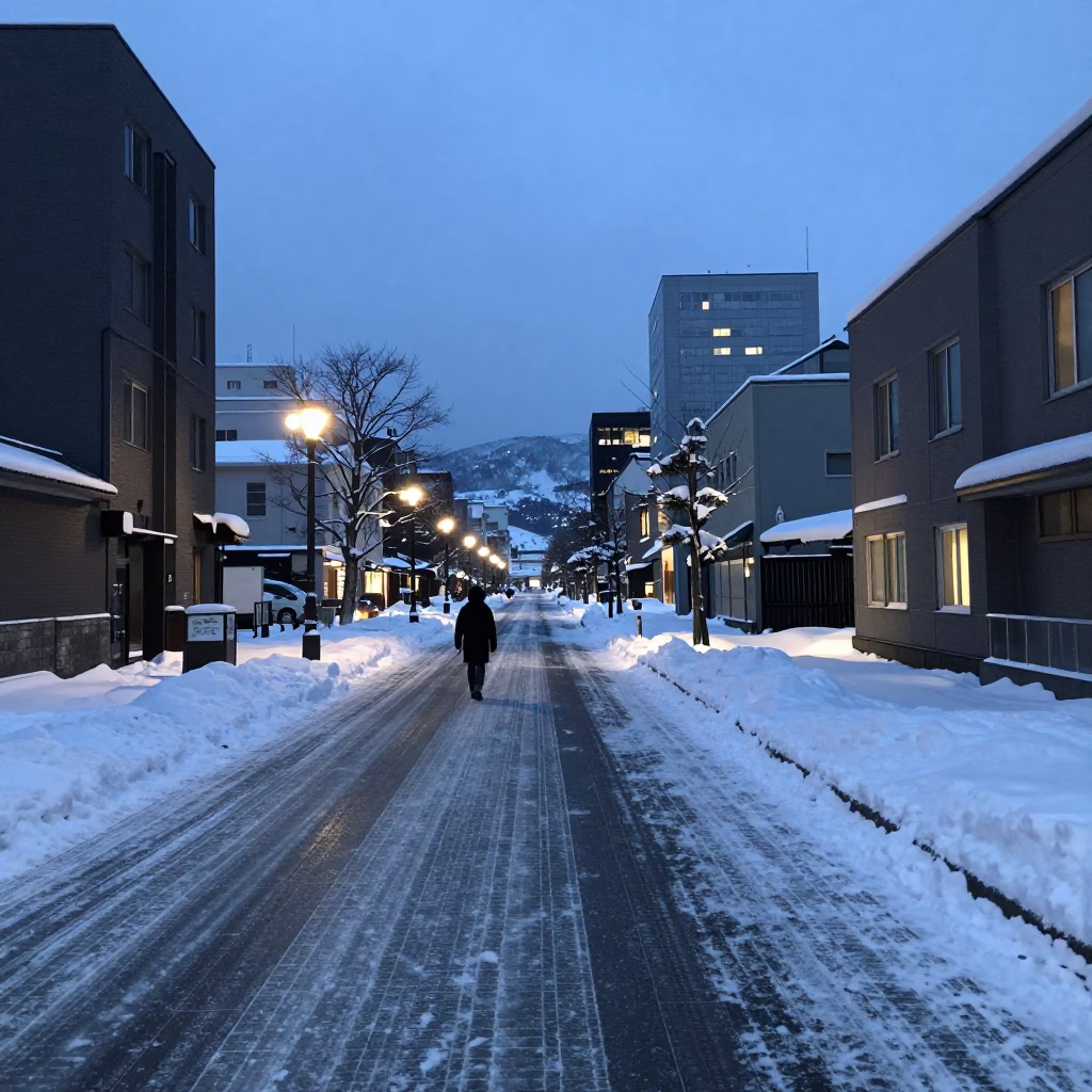 Sapporo Nautical Dawn Street Scene with Snow and Urban Details in in Sapporo, Japan