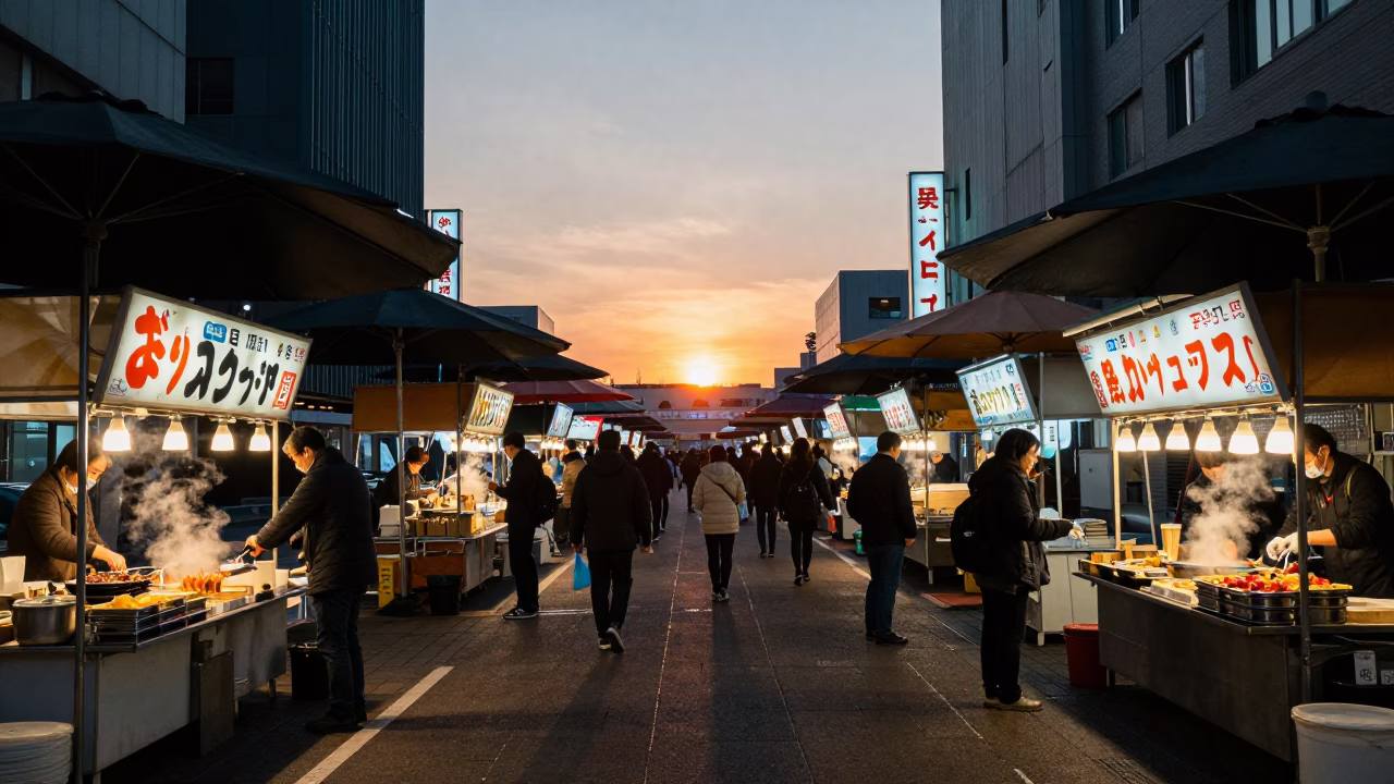 Sapporo Night Market Food Court Dusk with Umbrellas and Street Activity in in Sapporo, Japan