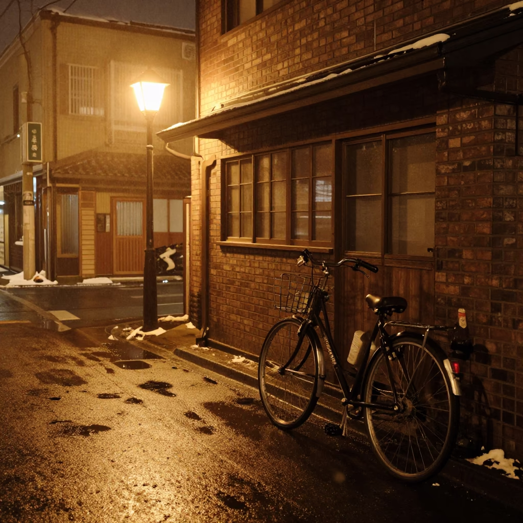 Sapporo Night Street Scene with Bicycle and Drinking Vessel in Japan in in Sapporo, Japan