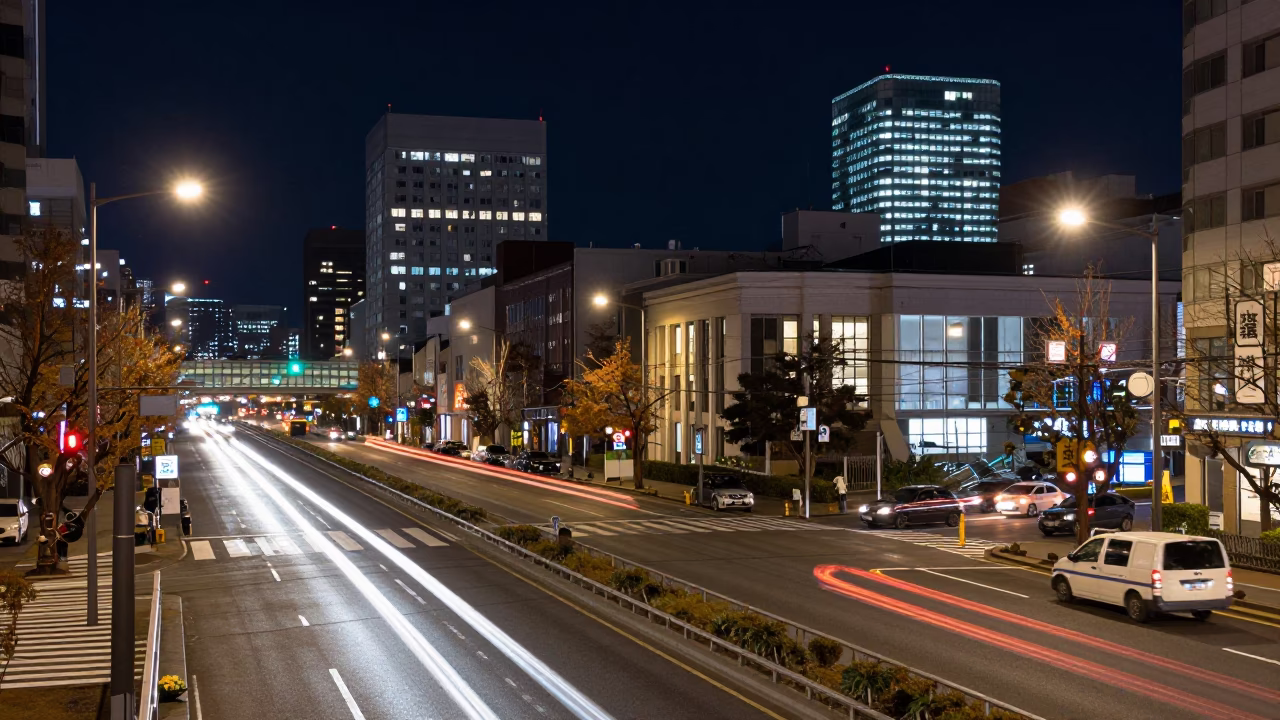 Sapporo Night Street Scene with Long Exposure Car Light Trails and Urban Architecture in in Sapporo, Japan