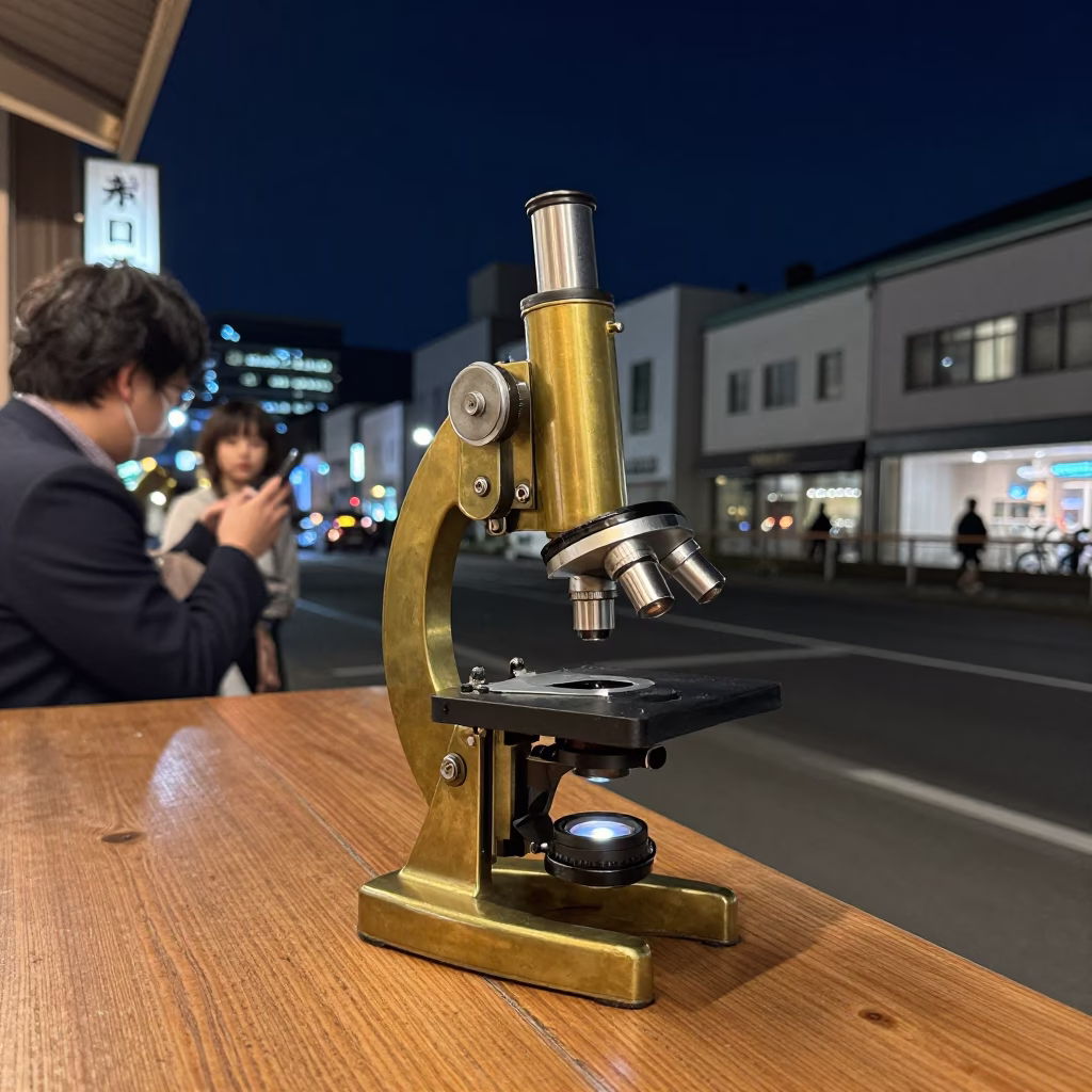 Sapporo Night Street Scene with Vintage Brass Microscope and Jade Plant Bonsai in in Sapporo, Japan