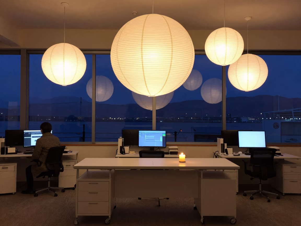 Sapporo Office Review Table with Floating Lanterns in in an operations center under monitor glow in Sapporo